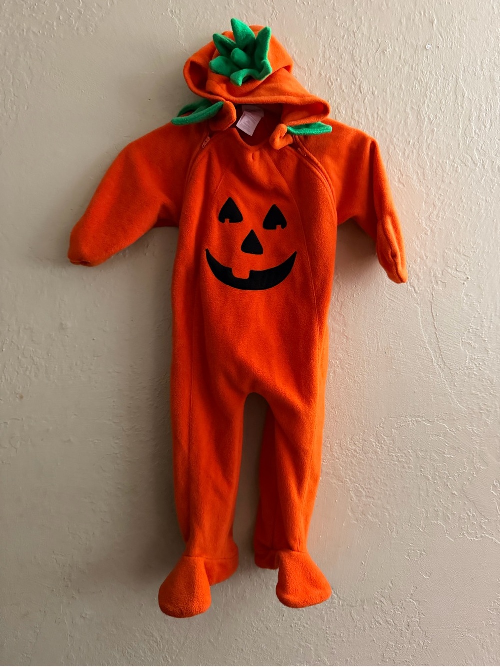 Children's Orange Pumpkin Fleece Costume with Green Stem Hood